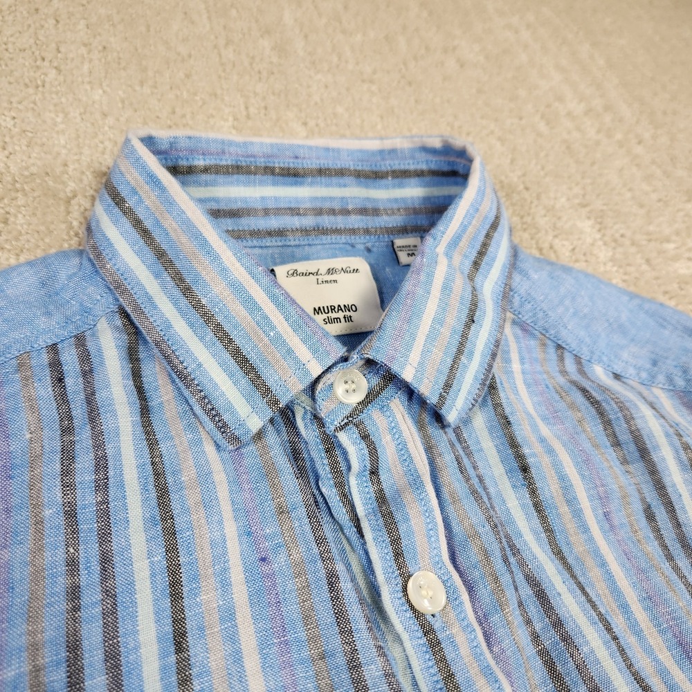 Baird McNutt Linen Shirt Men Medium Murano Slim Fit Windowpane Striped Button Up